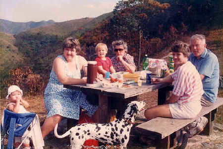 Family picnic in Hong Kong. - From left, Alex (Kate's daughter) Kate, Sam, Grandma Corker, Barbara and Tim.